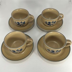 Vintage Pfaltzgraff Folk Art Cup and Saucer - Set of 4